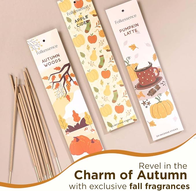 Folkulture Incense Stick Gift with Holder | Set of 3 Fall Incense Sticks with 45 Min Burn Time | Pumpkin Spice Inscents-Sticks | Organic & Non Toxic Fall Scents | Insense-Stick for Fall Essentials