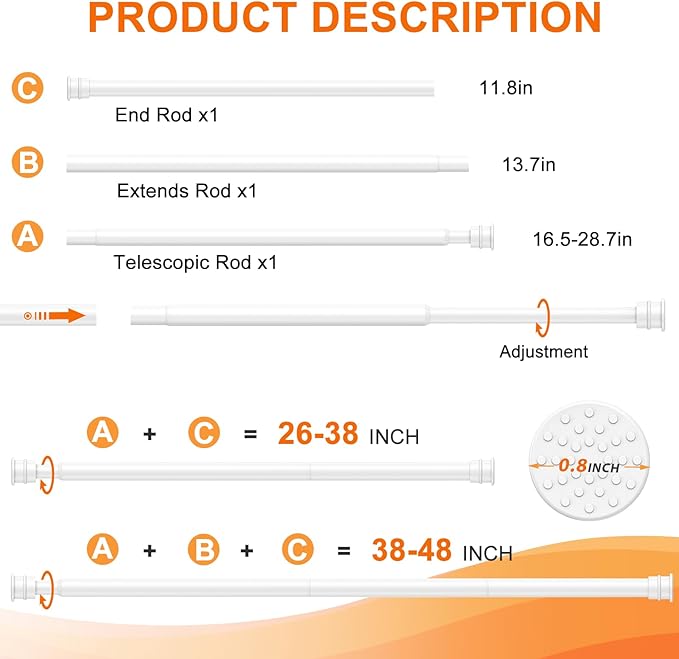 Tension Curtain Rod 26 to 48 Inch Adjustable Tension Rods 6 Pack Expandable Spring Tension Rod White No Drilling for Closet Kitchen Cupboard Wardrobe Door Bookshelf DIY Projects