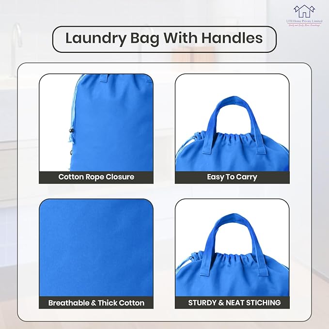 LFH Home Cotton Canvas Large Laundry Bag with Handle, Heavy Duty Drawstring Closure Washable Laundry Bags, School Travel, Home, Hotel, College Dorm, Organizer Sack, Toys Clothes 24x36-Sky Blue