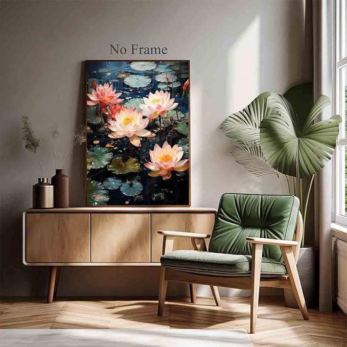 Pink Lotus Painting Zen Lotus Picture Water Lilies Painting Pink Flower Artwork Summer Flowers Picture Summer Landscape Canvas Zen Meditation Art Water Lily Poster Living Room Decor 16x24inch No Frame