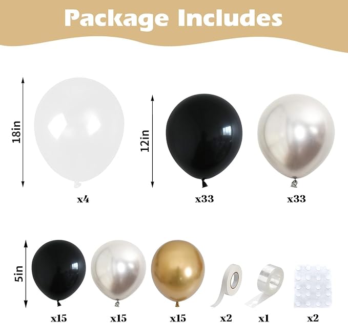 Black Gold Silver Balloons Arch Kit,Metallic Chrome Silver and Black Gold Clear Balloon With 18/12/5 Inch Different Sizes for Birthday Graduation Baby Shower Disco New Years Party Decorations
