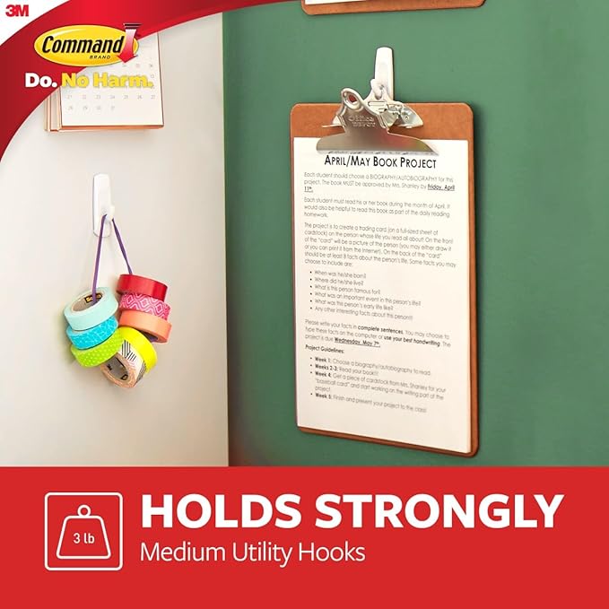 Command Medium Utility Hooks, 20 Hooks and 24 Strips, Damage-Free Hanging Wall Hook with Adhesive Strips, No Tools Great for Hanging, Organization and Storage, Holds up to 3 lb