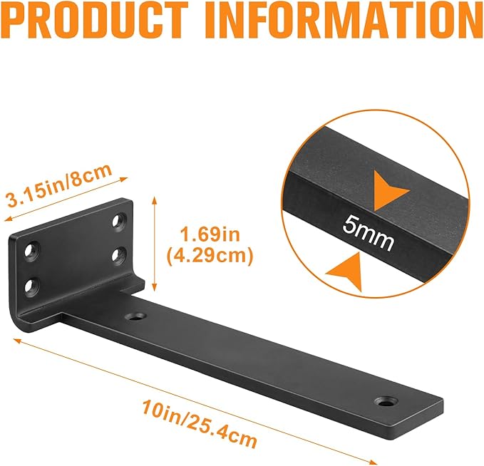 Floating Shelf Brackets 10 inch 4 Pack L Brackets for Shelves Black Metal Heavy Duty Shelf Bracket for DIY Decorative with Mounting Hardware