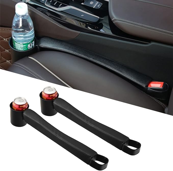 Tumecos Car Seat Gap Filler Pad PU Leather Console Side Pocket Organizer with One Cup Holder for Cell Phone, Wallet, Coin, Key, 2 Pcs (Black+Black Surface)