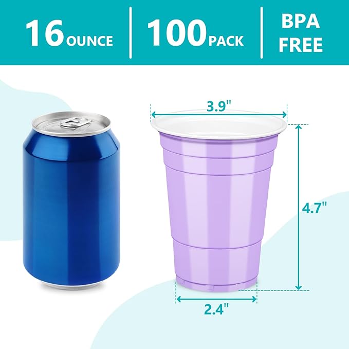 LANLISA 100 Lavender Plastic Cups, 16 oz Disposable Cups, Drinking Cups For Party Supplies
