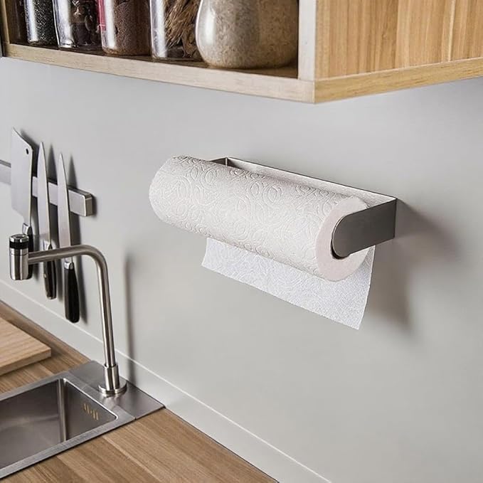 YIGII Adhesive Paper Towel Holder Under Cabinet - Self Adhesive Paper Towel Rack Wall Mount for Kitchen, SUS-304 Stainless Steel Papertowel Holder, Silver