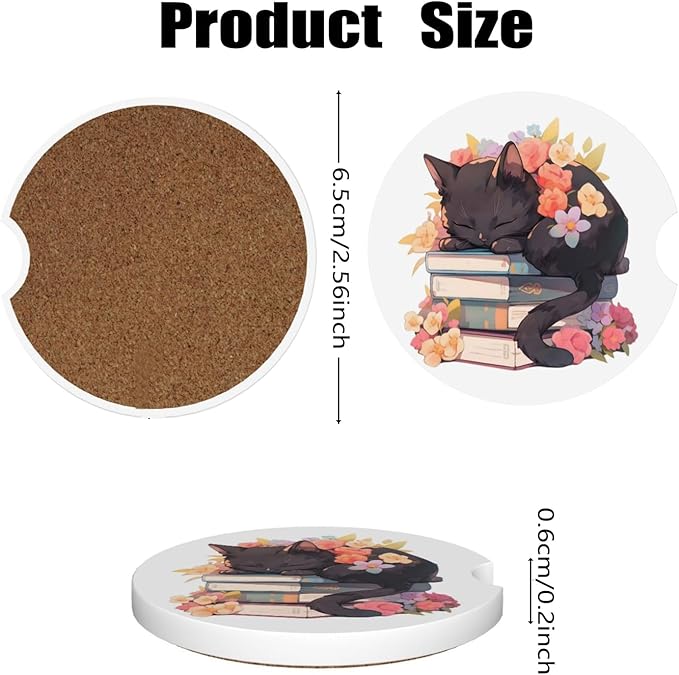 Car Cup Holder Coasters, 2 Pcs Ceramic Coasters with Cork Back and Finger Slot, Anti-Slip Shock Absorbing Women and Men Universal Car Accessories - Cat Floral