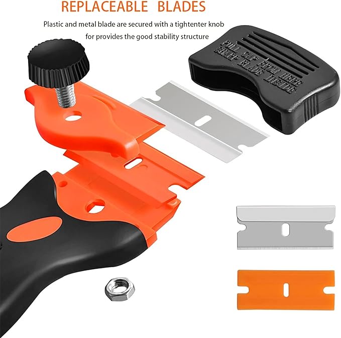 Razor Blade Scraper, 2-in-1 Double Edged Razorblade Scraper Tool with 20Pcs Razor Blades, Multi-Purpose Paint Cleaning Razor Scraper for Glass, Decals, Stickers, Labels, Caulk, Adhesive, Paint Removal