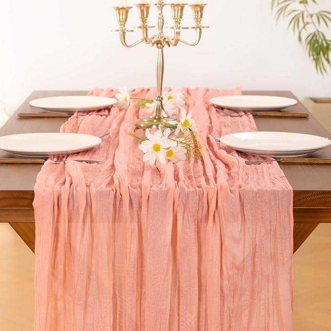 Socomi 2pcs Coral Peach Summer Cheesecloth Table Runner Boho Rustic Gauze 120 inch 10FT Cheese Cloth Sheer Runner for Wedding Party Baby Shower Birthday Home Decor Holiday Decorations