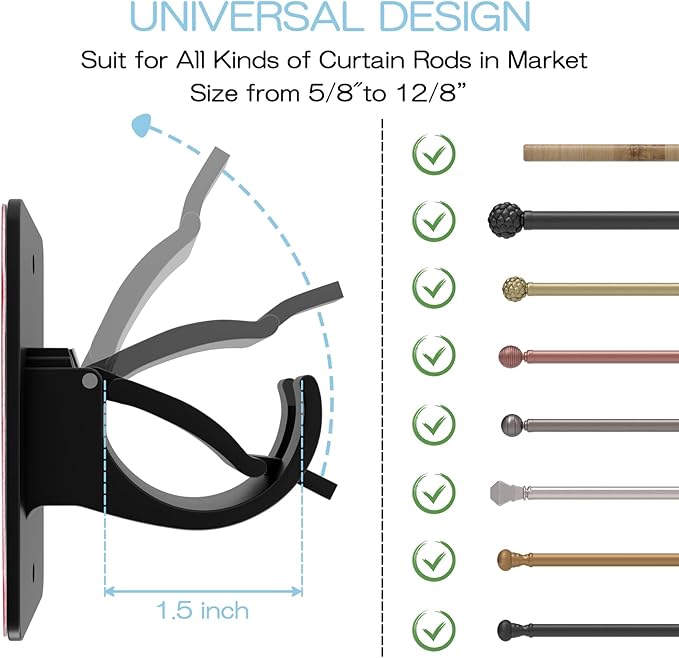 4 Pieces Self Adhesive Curtain Rod Bracket, Universal Plastic Curtain Rod Holders, No Drill Curtain Rod Brackets Curtain Rod Hooks for Bathroom, Bedroom, Livingroom, Kitchen (Black)