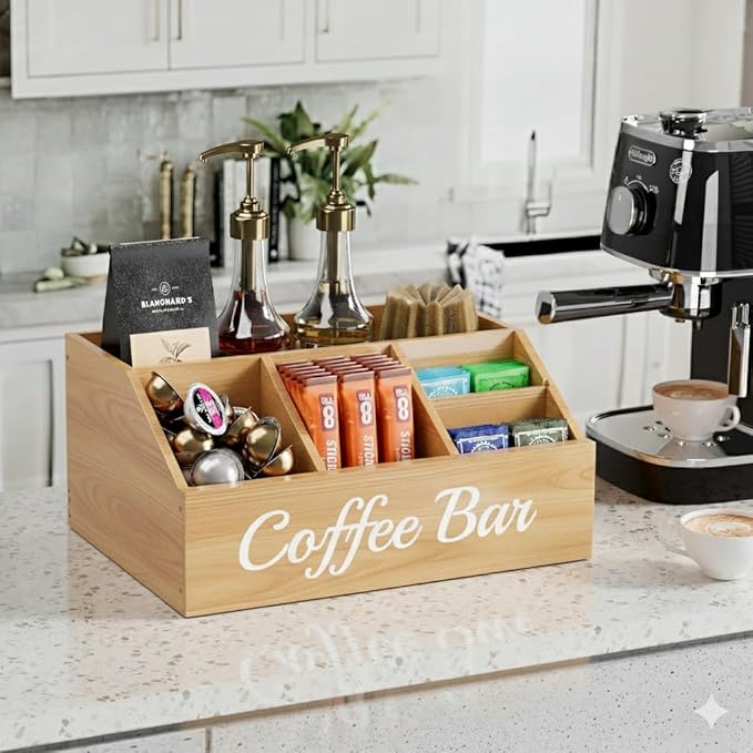 Coffee Station Organizer for Countertop – Wooden Coffee Bar Organizer with Adjustable Dividers,Holds K Cup Pod & syrup bottles, for Kitchen, Office, or Bar and Tea Station, Wood Color