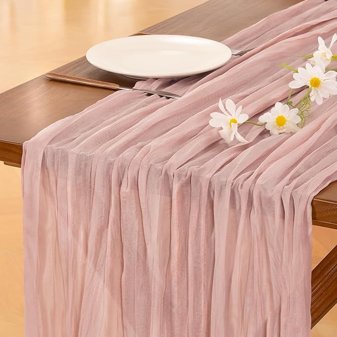 Socomi 3pcs Pink Cheesecloth Table Runner Summer Boho Rustic Gauze Dusty Pink Farmhouse 120 inch 10FT Cheese Cloth Sheer Runner for Wedding Party Baby Shower Birthday Home Decor