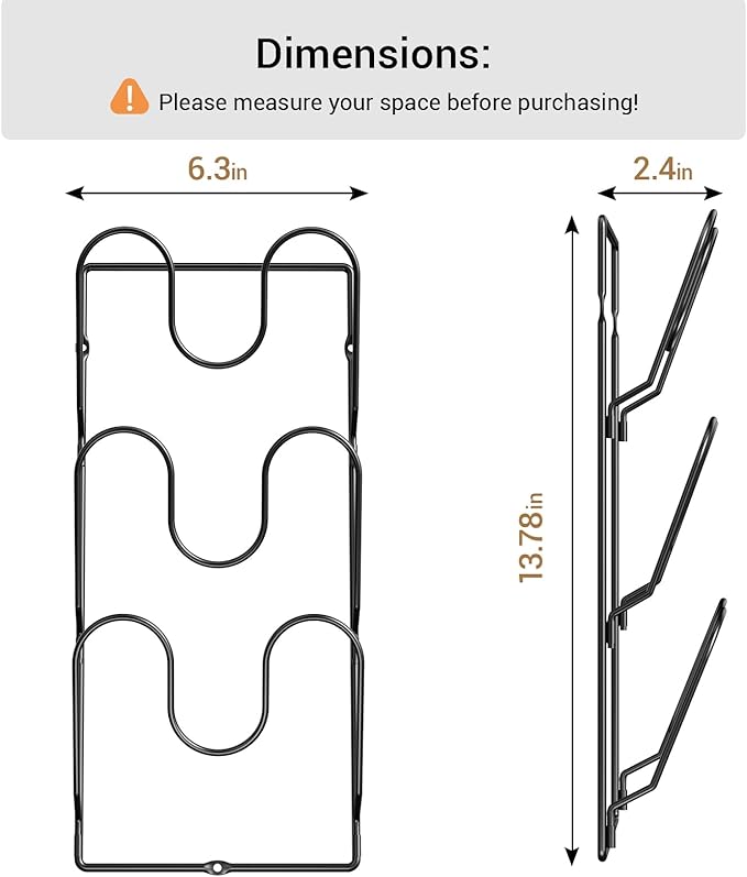 ORDORA 2 Pack Pot Lid Organizer Rack for Cabinet Door, 6-Tier Pot Lid Holders inside Cabinet, No Drilling Adhesive Wall Door Mounted Rustproof Pots and Pans Cover Organizers for Kitchen Storage, Black