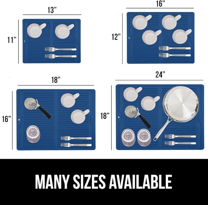 GORILLA GRIP 100% BPA-Free Patented Silicone Dish Drying Mat for Kitchen Counter, 18x16 Inch, Water Catching Ribbed Design, Easy Clean Waterproof Sink Liner, Heat Resistant, Fits Under Rack, Blue