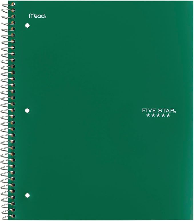 Five Star Spiral Notebook + Study App, 5 Subject, College Ruled Paper, 8-1/2" x 11", 200 Sheets, Fights Ink Bleed, Water Resistant Cover, Forest Green (72079) (Pack of 6)