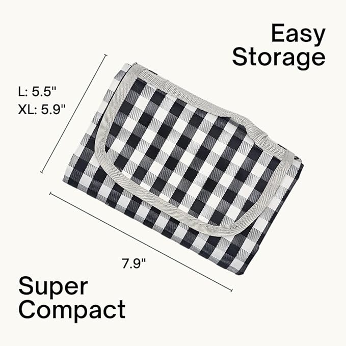 Cute Gingham Picnic Blanket, Waterproof Foldable, in Large 80x60in and Extra Large 80x80in, Portable Compact Beach Blanket, Oversized XL Outdoor Mat (Black, X-Large)