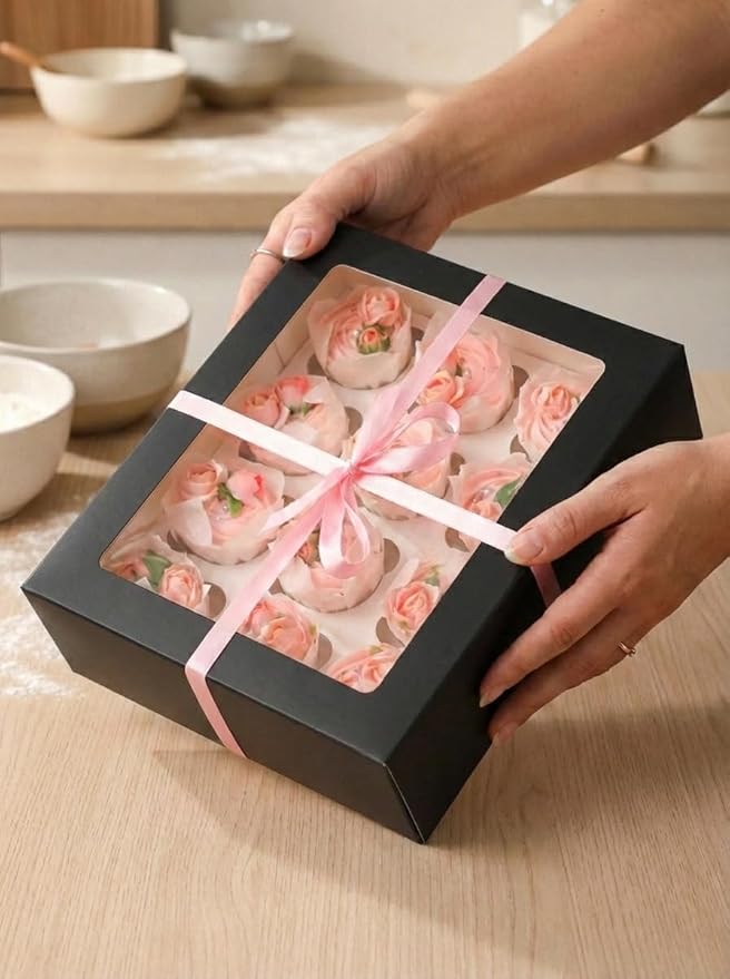 Bakepacker Auto-pop up 12 Cupcake Containers 6-Packs Black Cupcakes Carrier, 12 Cupcake Boxes with Window 13"x10"x3.5"