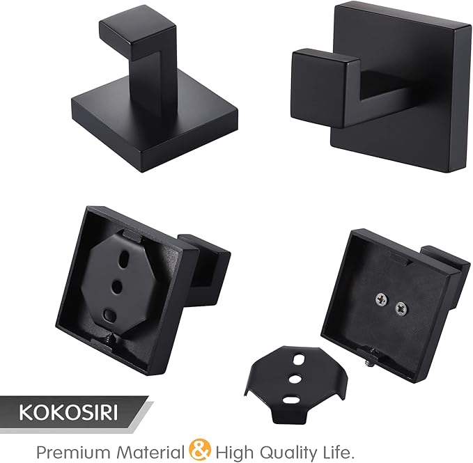 KOKOSIRI Bath Towel Hook Wall Mount Square Robe Hook Coat Hook, Bathroom Kitchen Garage Heavy Duty Wall Mounted, SUS 304 Stainless Steel, Matte Black, B1010BK-P2
