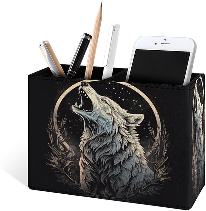 Famame Howling Wolf Moon Pencil Holder for Desk, Leather Desktop Container Pen Cup Storage Study Table Pen Organizer Makeup Brush Holder for Classroom Office Home