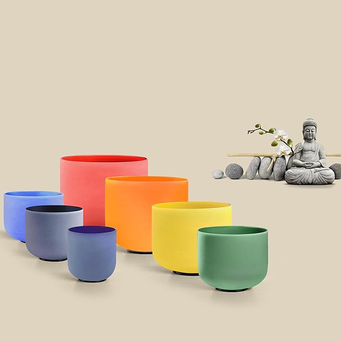 RYAN DVAN 432 hz 7-12 Inch Set of 7 Colored Frosted Quartz Crystal Singing Bowl with Free 2 pcs Carrying Cases