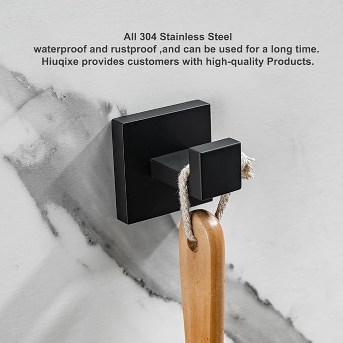 Hiuqixe Matte Black Towel Hooks 2 Pack, SUS304 Stainless Steel Bathroom Robe Hook, Heavy Duty Modern Square Coat Holder, Rustproof, Anti-Rotation Wall Mount for Hand Towels & Bath