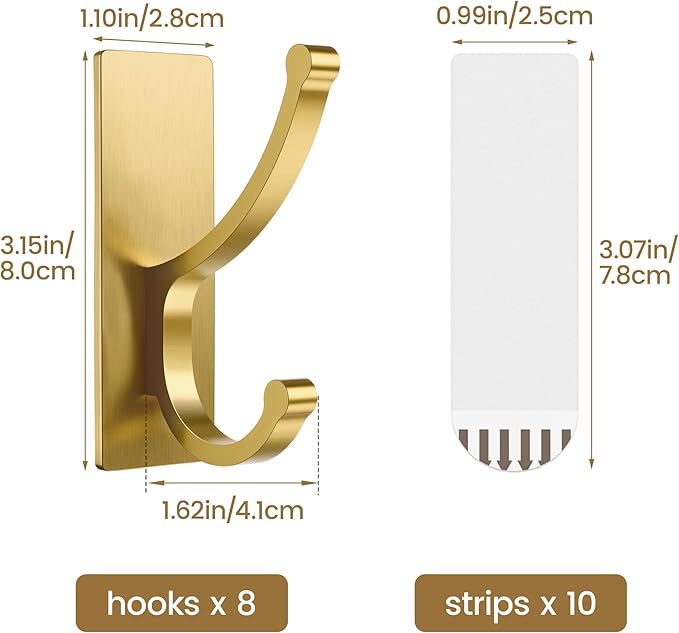 pickpiff Adhesive Wall Hooks with Strip - No Residue, Easy to Remove, Strong Heavy Duty Sticky Towel Hook, 8 Pack Brushed Gold