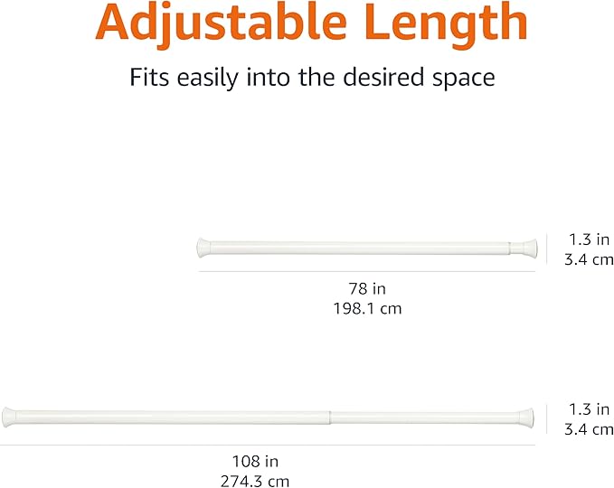 Amazon Basics No Drill Spring Tension Curtain Rod, Adjustable 78-108" Width, White, Classic Finial