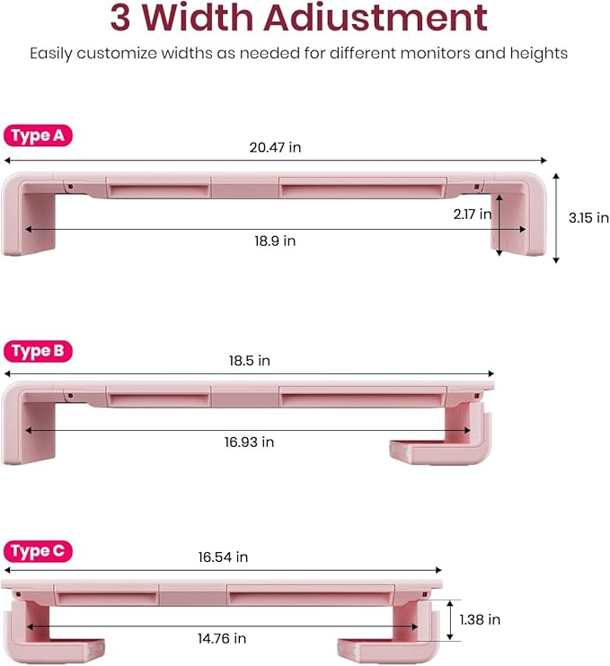 Pink Monitor Stand Riser, Klearlook Foldable, Height Adjustable Computer Stand, Desk Shelf Riser with Storage Drawer & Tablet Phone Stand for Desktop, Laptop