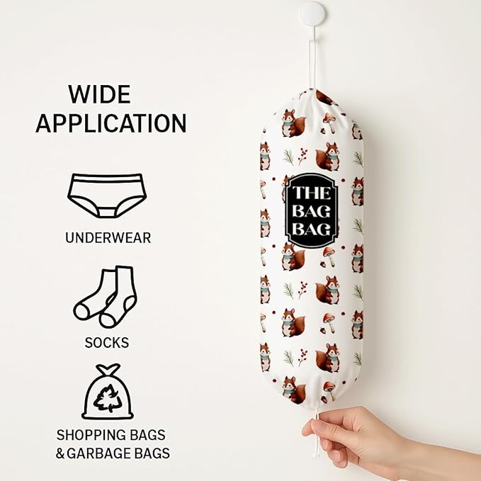 The Bag Bag Grocery Bags Holder, Cute Squirrel Grocery Bags Holder Organizer for Shopping Sack, Reusable Hanging Trash Sacks Dispenser, Wall Mount Plastic Sack Storage Container Dispensers