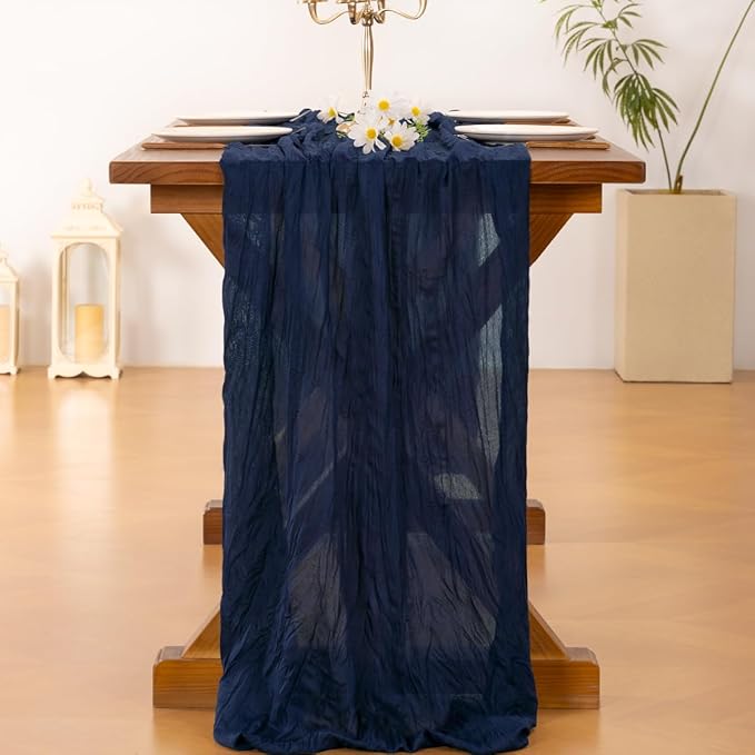 Socomi 10pcs Navy Blue Summer Cheesecloth Table Runner Boho Rustic Gauze 120 inch 10FT Cheese Cloth Sheer Runner for Wedding Party Baby Shower Birthday Home Decor Holiday Decorations