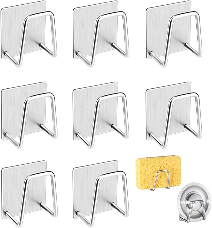 LEFTSTARER 4 Pack Sink Sponge Holder for Kitchen Sink Premium SUS304 Stainless Steel Rustproof Waterproof Quick Drying Small Strong Adhesive Sponge Holder (6.Silver X 8PCS Upgrade Style)