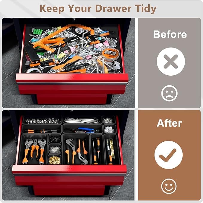 A-LUGEI【Large Size】【5 Pcs】 Tool Box Organizer Tray Divider【Single Size】 Black Plastic Desk Drawer Organizer Garage Organization for Wrench Plier Hammer Bit Socket Extension Screwdriver Bolt Hex key