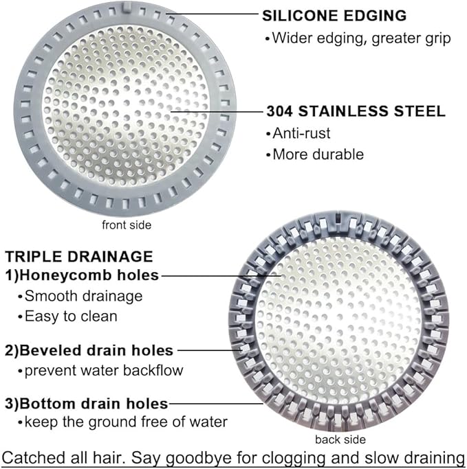 Seatery 2PCS Shower Drain Hair Catcher, Shower Drain Strainer, Stainless Steel with Silicone Edging, 4.75 Inch Diameter