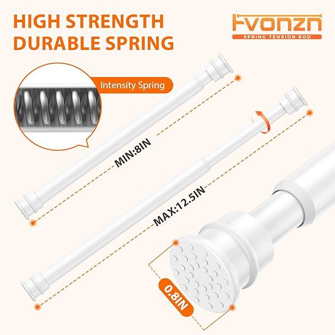 Fvonzon 4 Pack Small Tension Rods 8-12.5 Inch, Thin Tension Curtain Rod, Mini Spring Rod for Closet, Cabinet & Kitchen, Tiny Curtain Rod Tension, Short Closet Rods, White