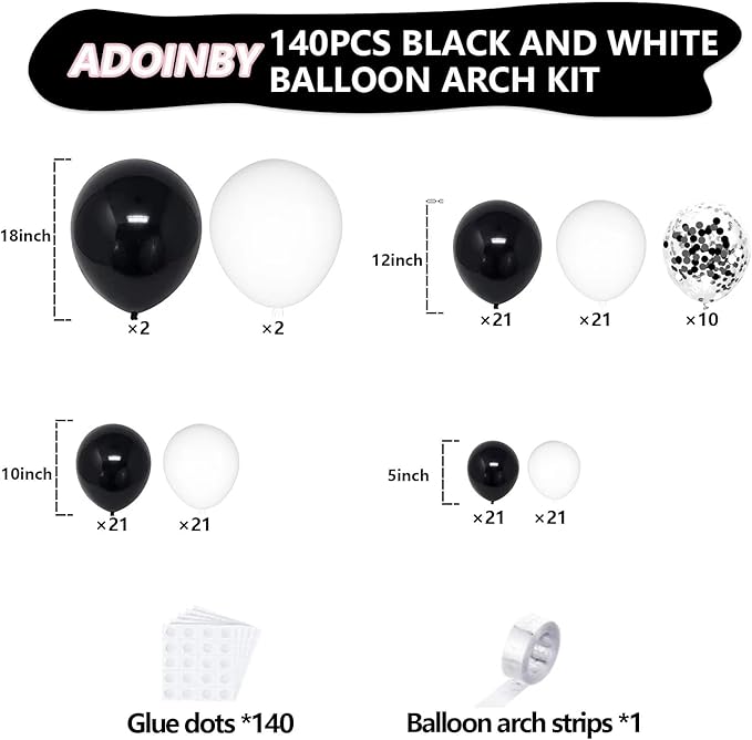 Black and White Balloon Arch Kit, ADOINBY 140Pcs Black and White Durable Latex Balloons 18 12 10 5 Inch Different Size Balloons for Birthday Anniversary Wedding Engagement Graduation Party Decorations