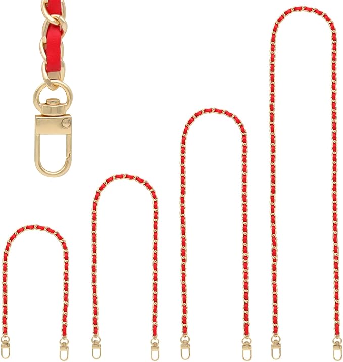 Gold Purse Chain, 4 Sizes Replacement DIY Bag Strap - Leather Metal Braided - Red/Gold (15.4 Inch, 23.6 Inch, 31.4 Inch, 47.2 Inch)