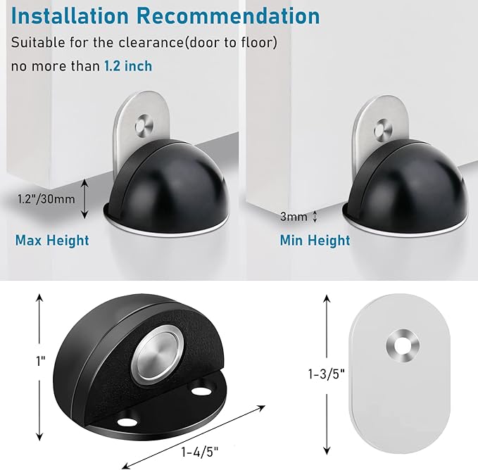 Magnetic Door Stop, Stoppers for Bottom of Door, Self Adhesive No Drill, Floor Doorstops Stainless Steel Door Catch Holder Wall Protector, Black, 4 Pack