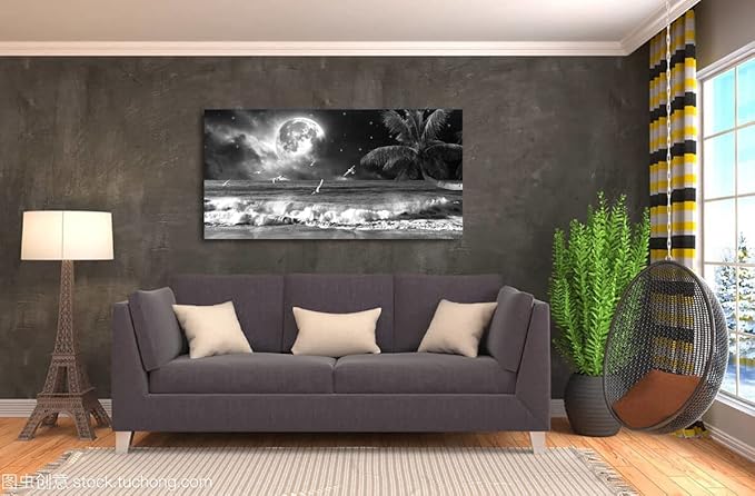 Yxbhhym Black and White Ocean Wall Art Moon Sea Beach Canvas Print Art Ocean Paintings Seascape Poster Wall Pictures Landscape Palm Artwork for Wall Living Room Decor Framed-20x40inches