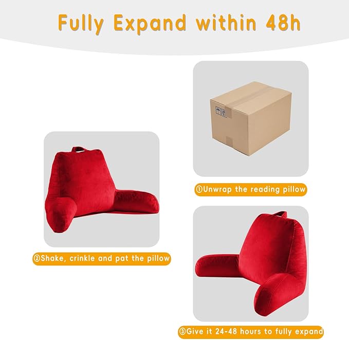 Reading Pillow for Sitting in Bed Adult, Reading Pillow with Shredded Memory Foam, Bed Pillow with Washable Cover, Back Pillow Sitting Up with Extend Arms, Red, X-Large