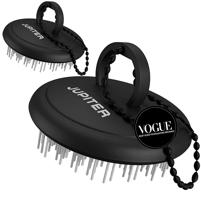 Jupiter Scalp Exfoliator - Scalp Massager Tool for Wet & Dry Hair - Ergonomic Detangler Brush - Dandruff Comb & Scrub to Remove Dandruff & Buildup and Support Circulation - 2 Pack, Black