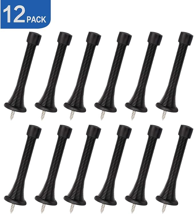 HOMOTEK 12 Pack Black Spring Door Stops, 3-1/8" Heavy Duty - Flexible Door Stopper with Low Mounted Black Rubber Bumper Tips
