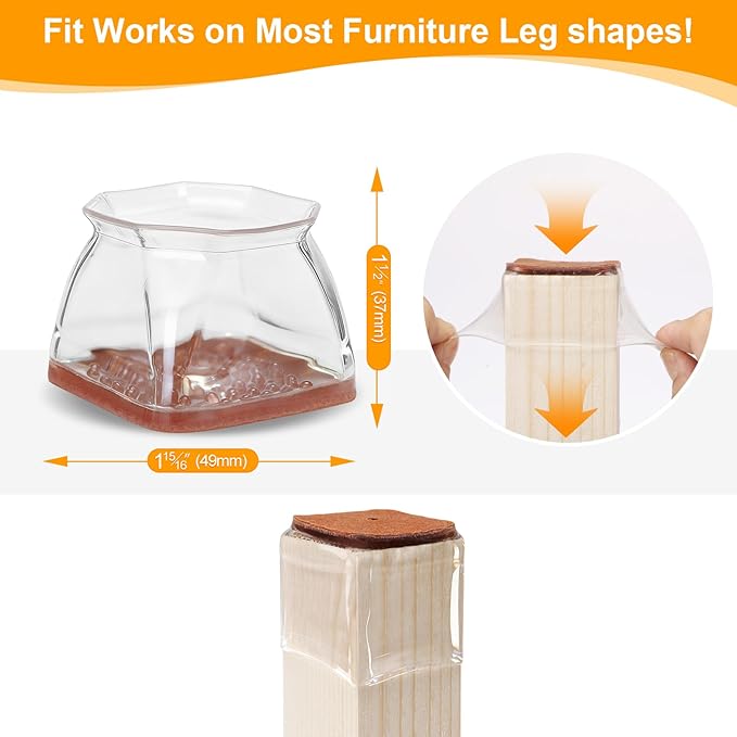 CHUNZEXI 16 Pack Square Chair Leg Floor Protectors for Hardwood Floors, Silicone Felt Covers Pads Caps, Protect Wood Furniture Feet Floors Noise Reduce and Scratch (Square X-Lager & Clear)