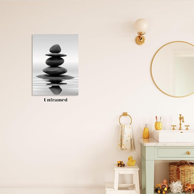 DCMVJHZV Black and White Bathroom Poster Stones in the water Wall Art Zen Bathroom Wall Decor Yoga Meditation Picture Print Spa Room Bedroom Living Room Wall Painting(16"x24" Unframed)