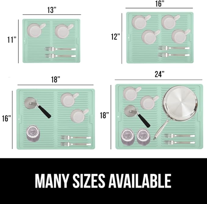 GORILLA GRIP 100% BPA-Free Patented Silicone Dish Drying Mat for Kitchen Counter, Water Catching Ribbed Design, Easy Clean Waterproof Sink Liner, Heat Resistant, Fits Under Rack, 11x13 Inch, Mint
