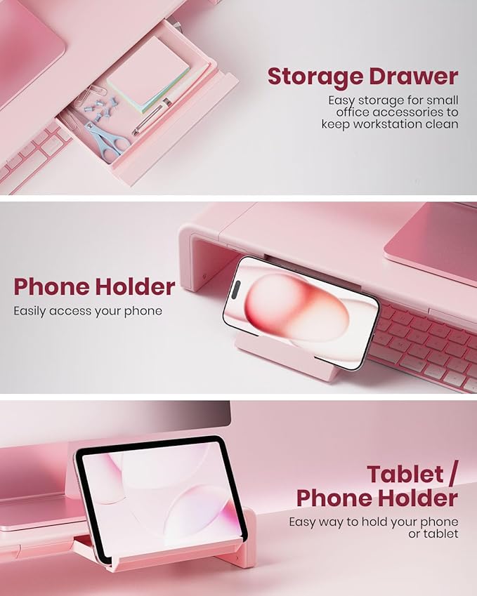 Pink Monitor Stand Riser, Klearlook Foldable, Height Adjustable Computer Stand, Desk Shelf Riser with Storage Drawer & Tablet Phone Stand for Desktop, Laptop
