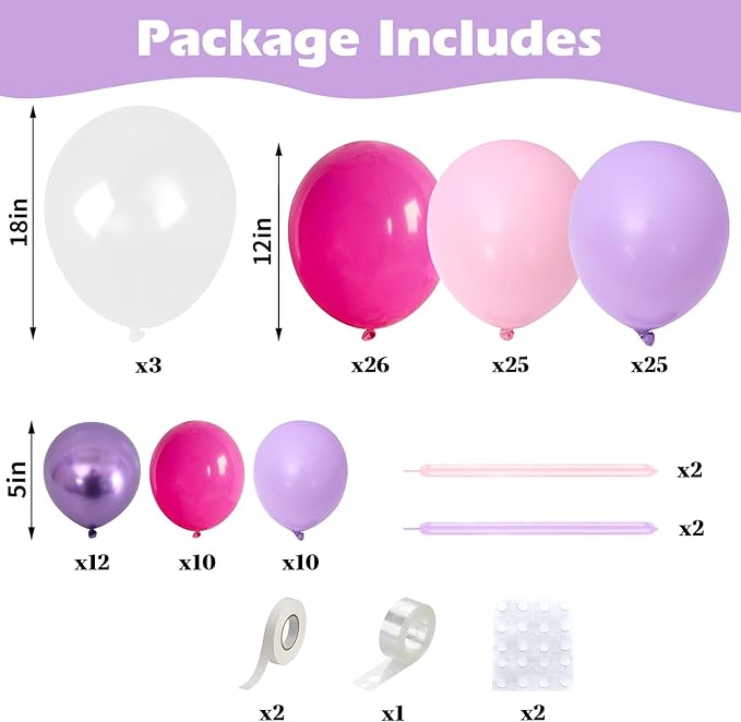 Pink and Purple Balloon Garland Arch Kit, 120Pcs Purple Light Pink Bow Balloons in 8/12/5 Inch Different Sizes for Girl Women Bridal Wedding Birthday Baby Shower Party Decoration