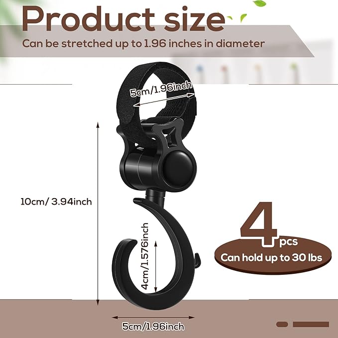 Taiyin 4 Pcs Walker Hook Hanging Multipurpose 360° Rotation Stroller Clip Diaper Bag Hanger for Walker Rollator Crutches Wheelchair Shopping Cart Car Back Seat Purses Bike Wheelchair Pushchair, Black