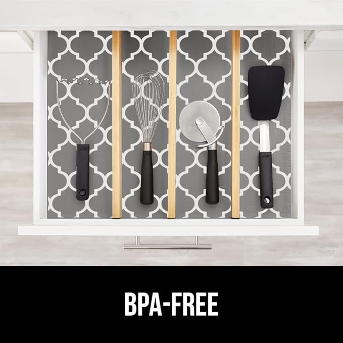 GORILLA GRIP DripGuard Shelf Liner, Non-Adhesive Drawer and Kitchen Cabinet Protector, Strong Grip Slip Resistant Underside, Smooth Surface Liners for Cabinets, Bathroom Closets, 12x240 In, White Gray