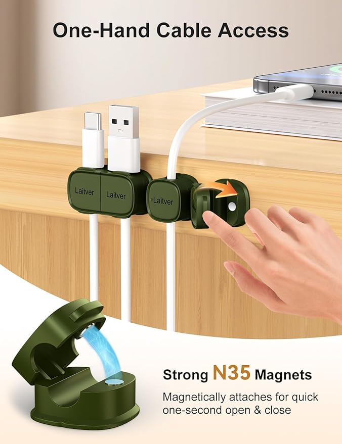 6 Pack Magnetic Cable Clips [1s Open/Lock], Laitver Cord Organizer Holder Strong Adhesive Desk Cable Management- Organize Charging Cords Neatly for Home, Office, Car,Desk, Nightstand-Deep Green
