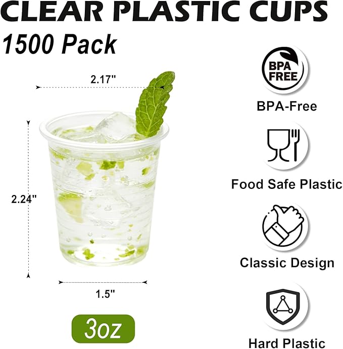 Lamosi 1500 Pack 3 oz Clear Plastic Cups, Small Plastic Bathroom Cups, Disposable Mouthwash Cup, Clear Drink Cup for Party, Whisky, Tasting, Picnic